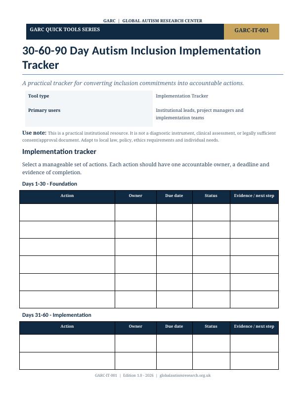 Document cover preview: 30-60-90 Day Autism Inclusion Implementation Tracker