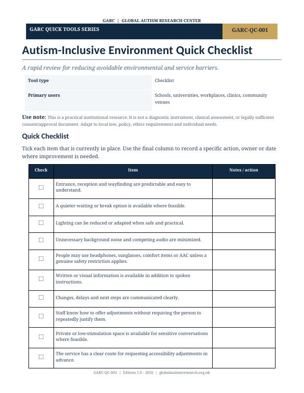 Document cover preview: Autism-Inclusive Environment Quick Checklist