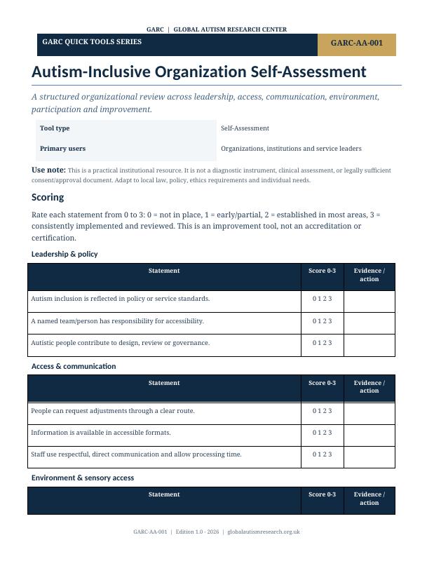 Document cover preview: Autism-Inclusive Organization Self-Assessment