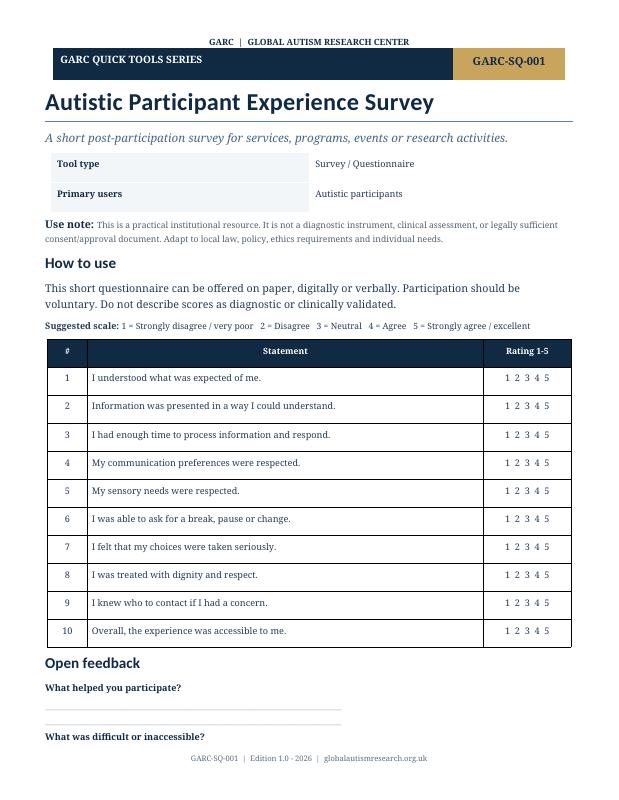 Document cover preview: Autistic Participant Experience Survey
