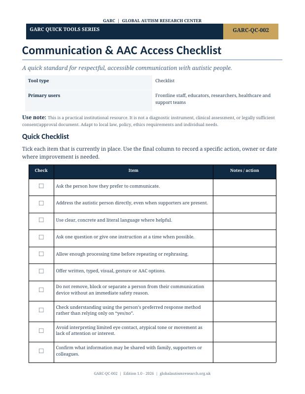 Document cover preview: Communication & AAC Access Checklist