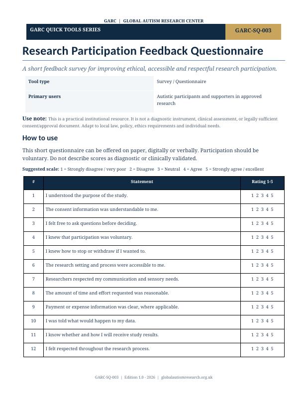 Document cover preview: Research Participation Feedback Questionnaire