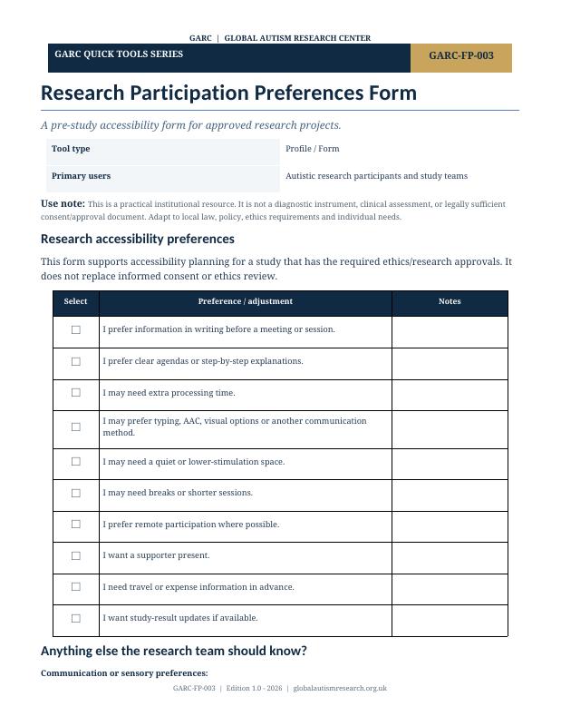 Document cover preview: Research Participation Preferences Form