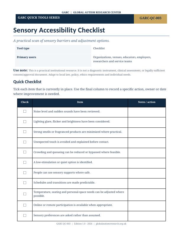 Document cover preview: Sensory Accessibility Checklist