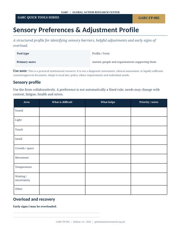 Document cover preview: Sensory Preferences & Adjustment Profile