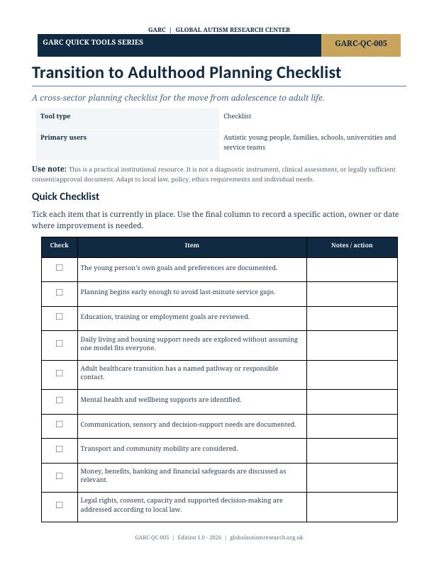 Document cover preview: Transition to Adulthood Planning Checklist