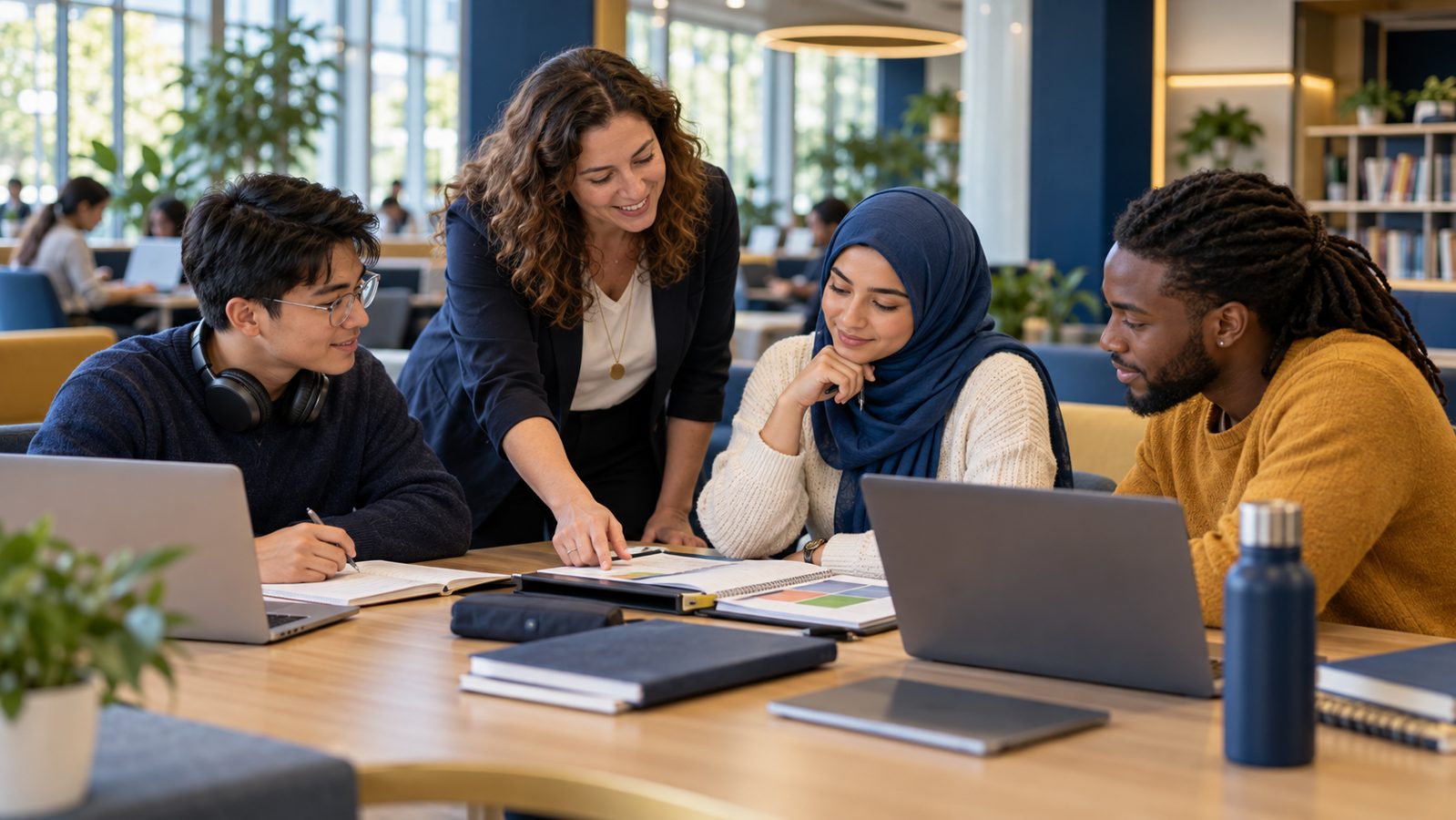 Adult learners and educator reviewing materials