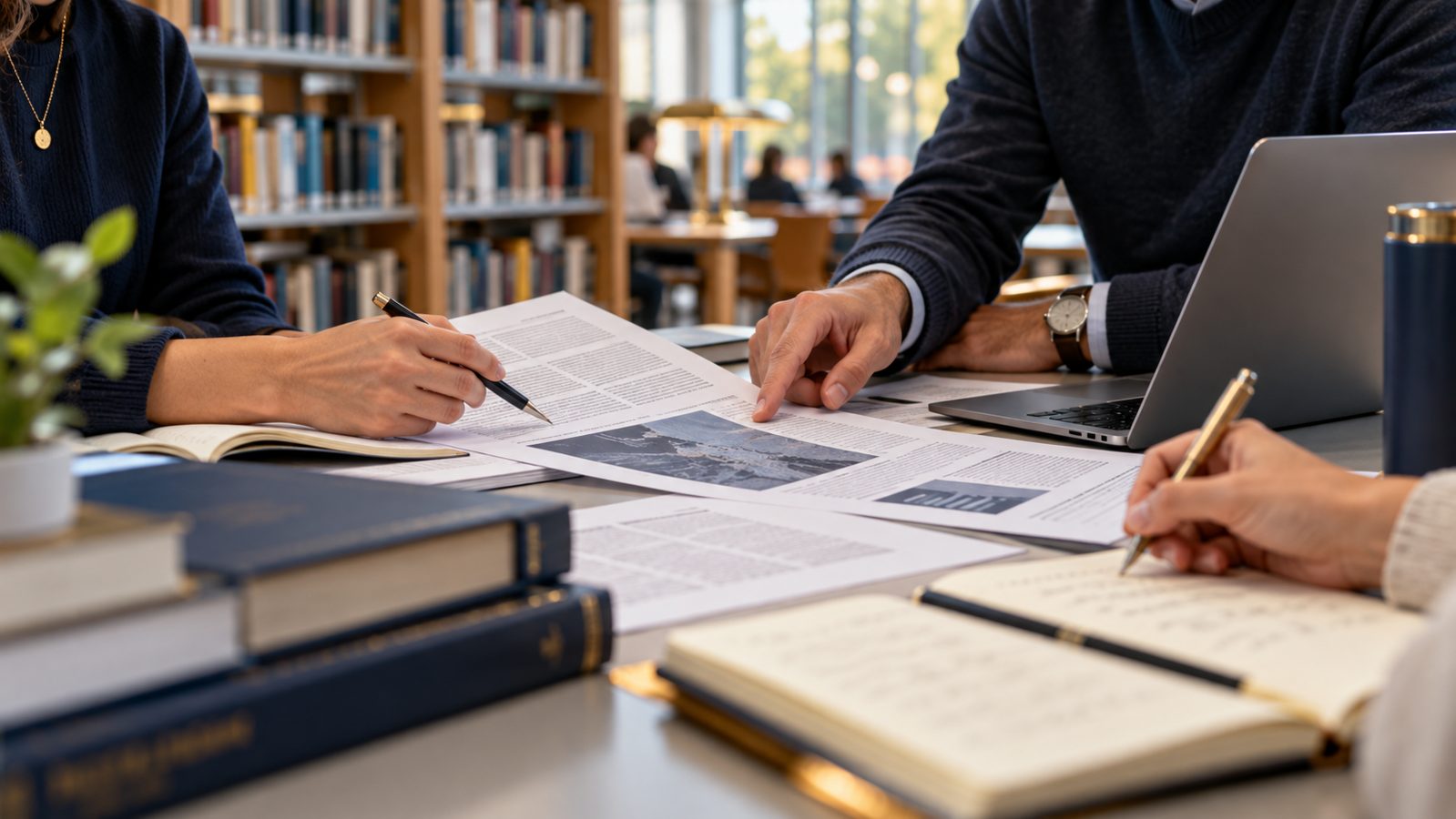 Researchers examining publications at a library table