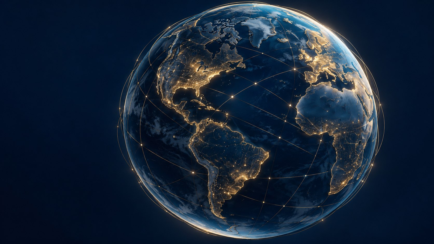 Globo terrestre con una red mundial de investigación dorada