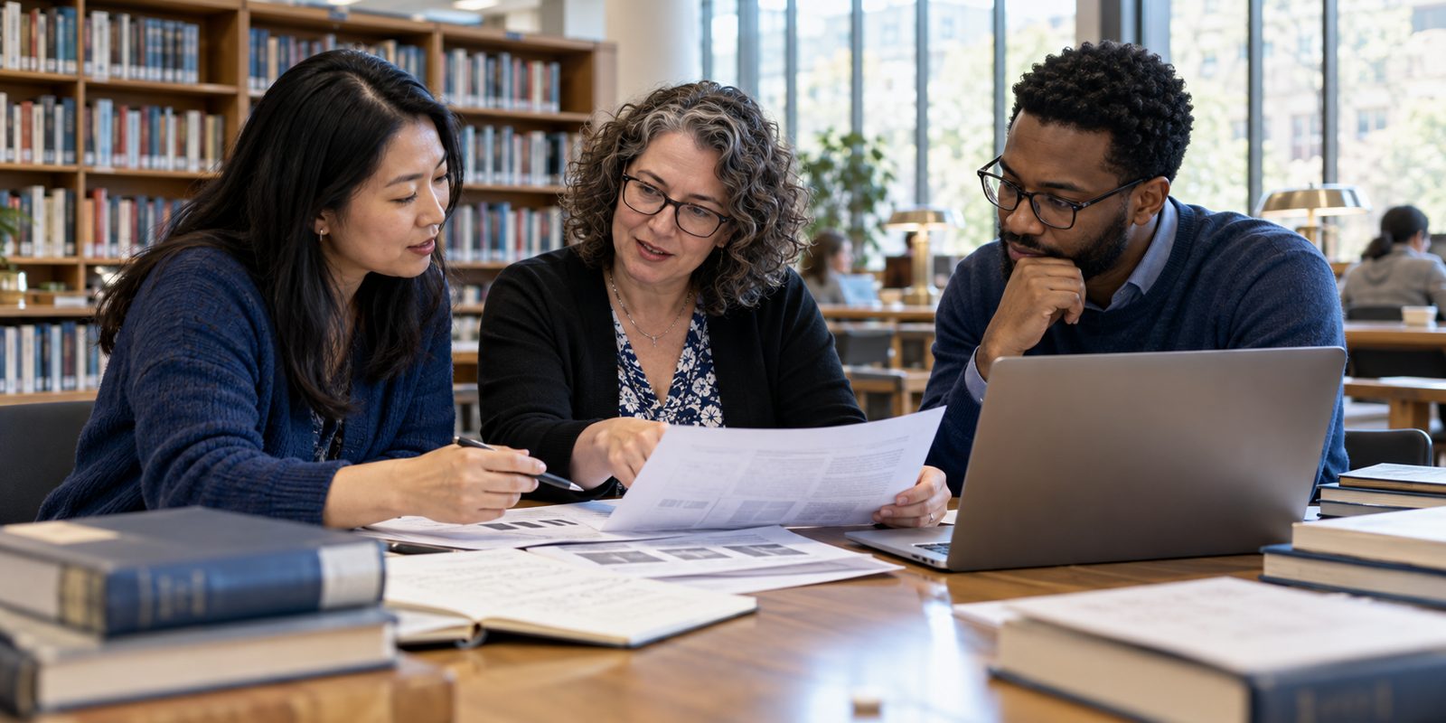 Academics reviewing research in a library
