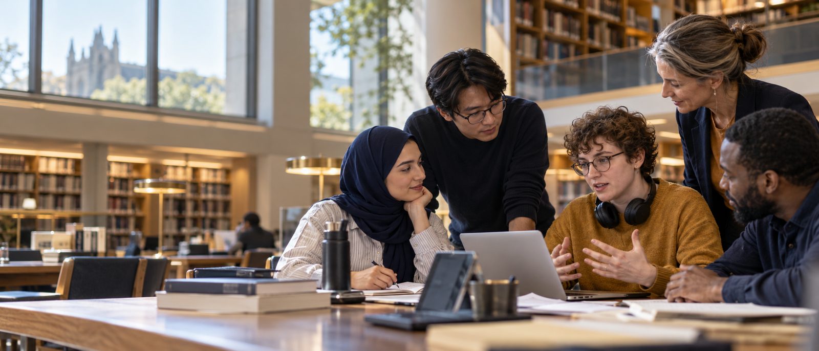 Researchers collaborating in a library
